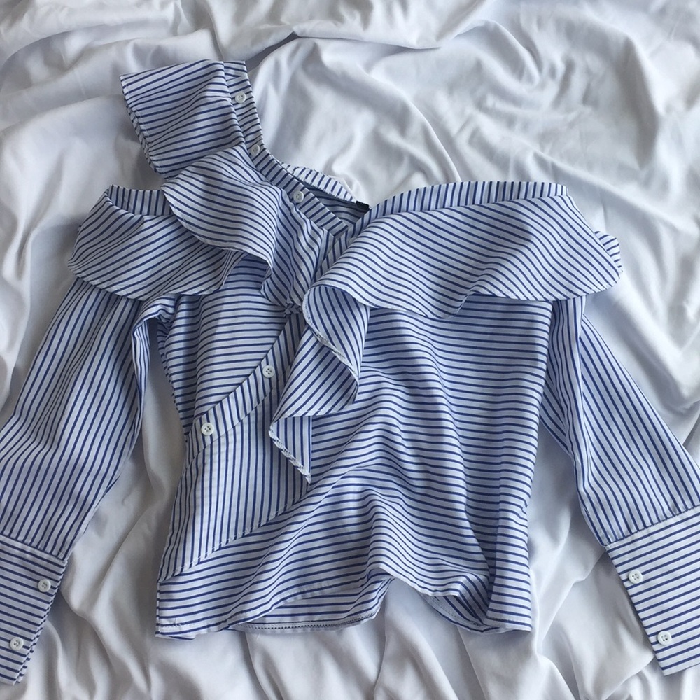 Blue one shoulder ruffle top